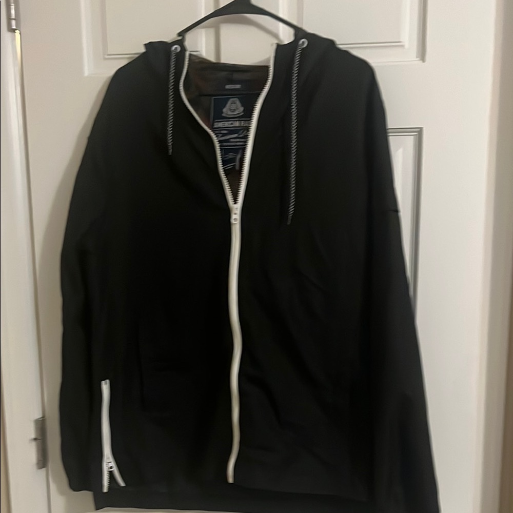 Like New Black Zip Up Hoodie with White Trim (rain/wind), men’s M